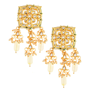 Cream Gold Toned  Kundan Earrings
